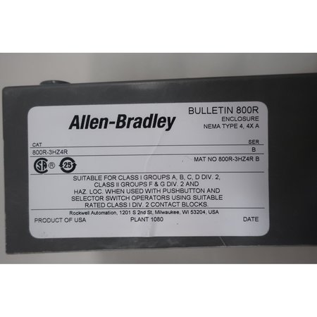 Allen Bradley Pilot Light Assembly Pushbutton Enclosure 800R-3HZ4R